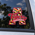 Alexandria Tigers camo script A vehicle decal on a car window.