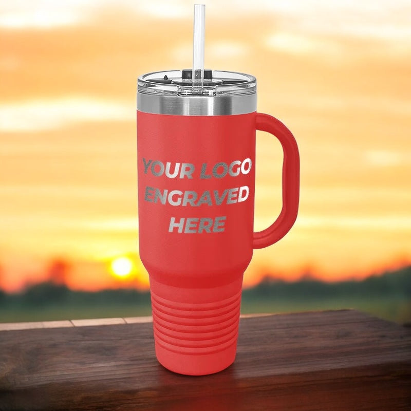 36 Custom 40 oz Stainless Steel Travel Tumbler with Built in Handle and Straw - Stainless Steel - Special Bulk Wholesale Pricing