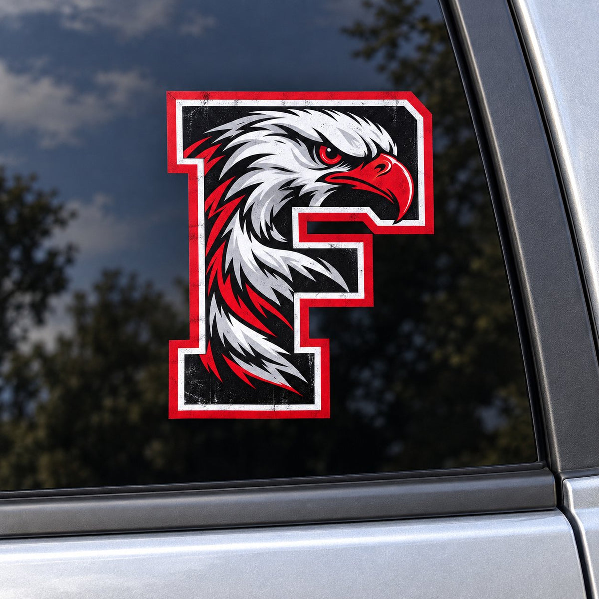 Frankton Eagles mascot F vehicle decal on a car window.