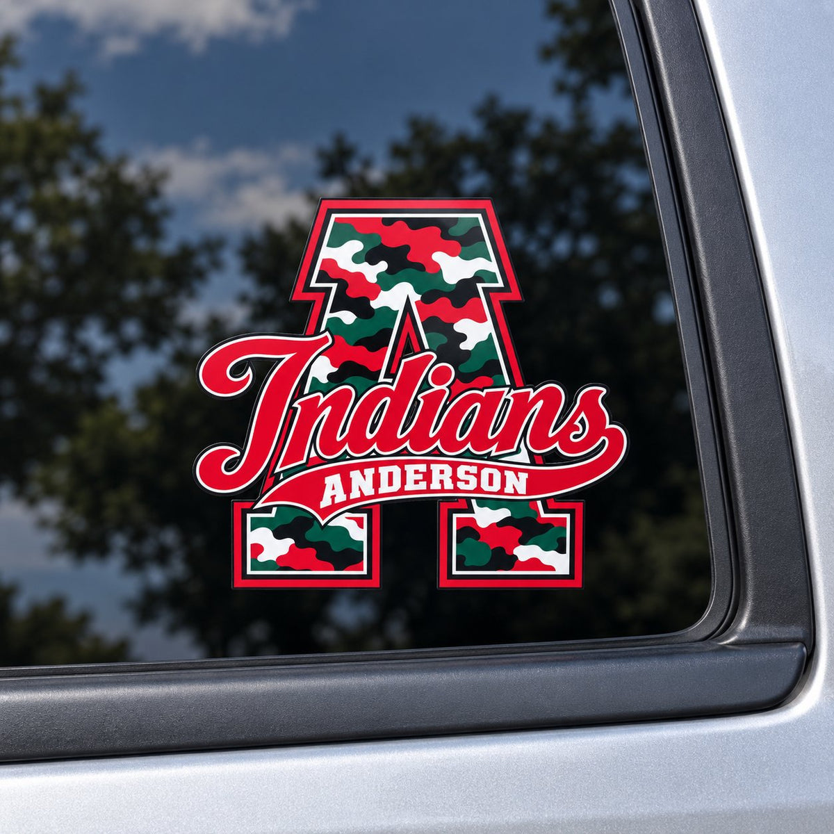 Anderson Indians camo script A vehicle decal on a car window.