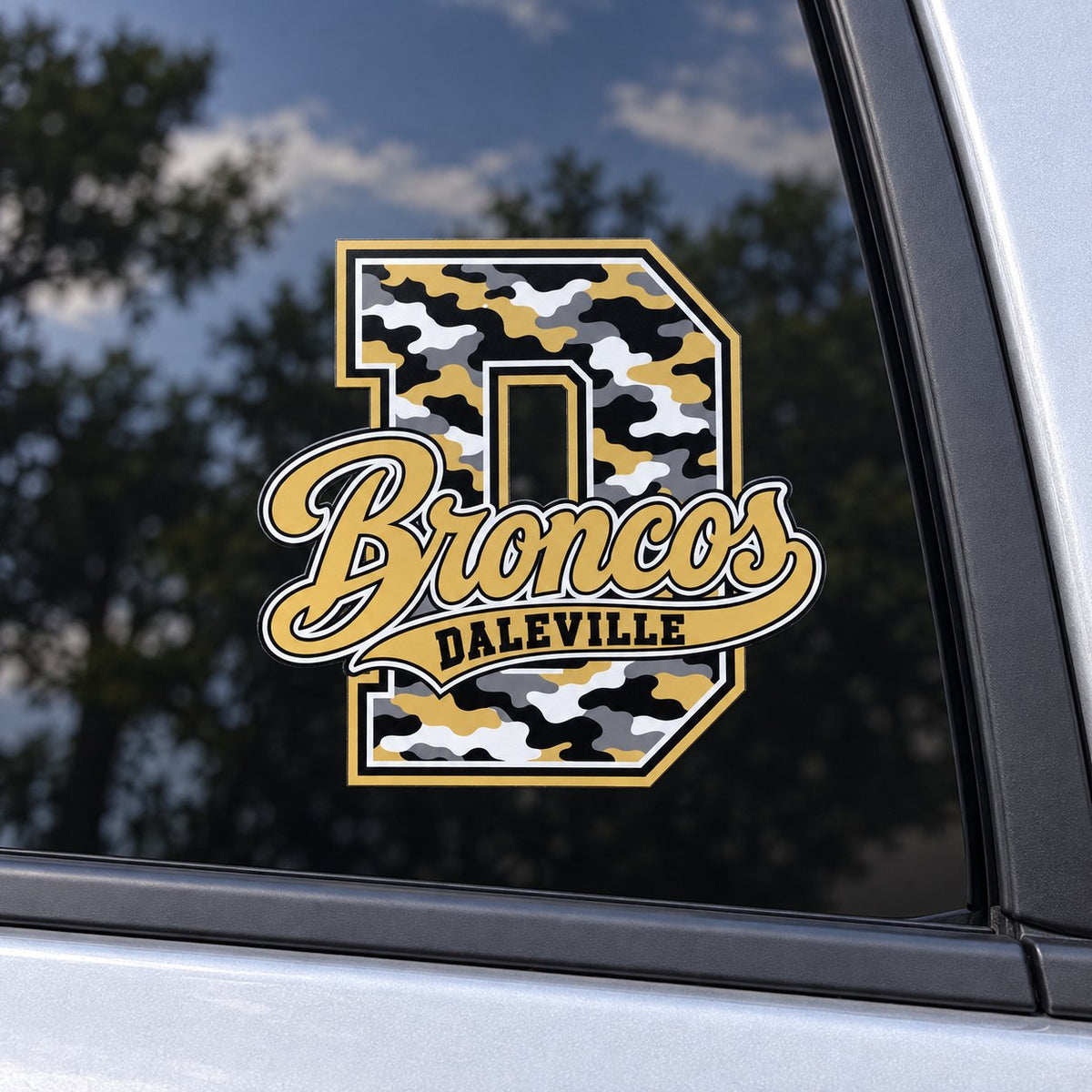 Daleville Broncos camo script D vehicle decal on a car window.