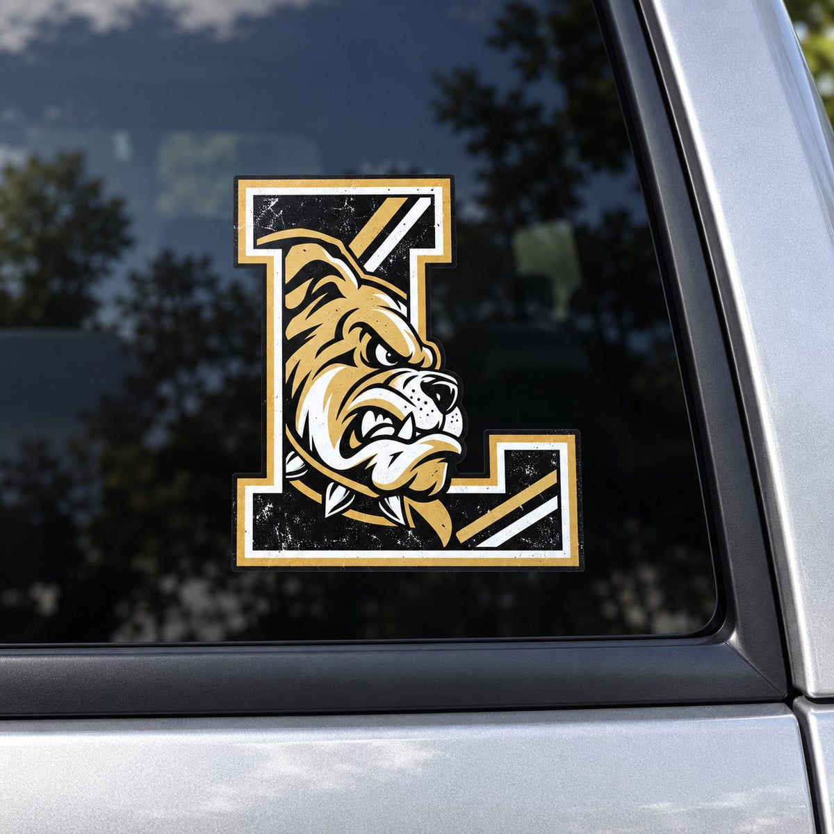 Lapel Bulldogs mascot L vehicle decal on a car window.