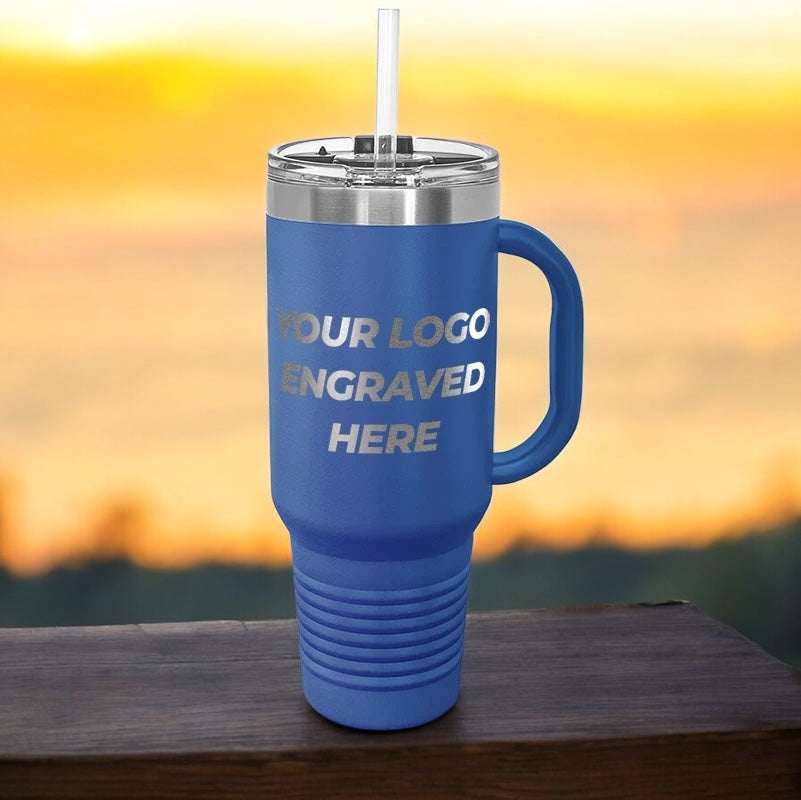 24 Custom 40 oz Stainless Steel Travel Tumbler with Built in Handle and Straw - Stainless Steel - Special Bulk Wholesale Pricing