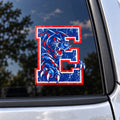 Elwood Panthers mascot E vehicle decal on a car window.