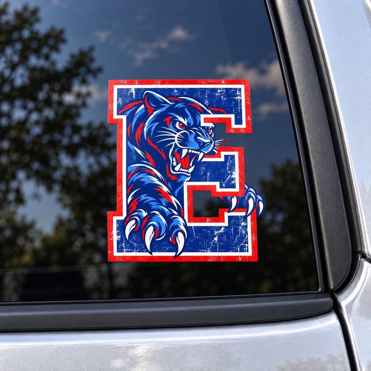 Elwood Panthers mascot E vehicle decal on a car window.