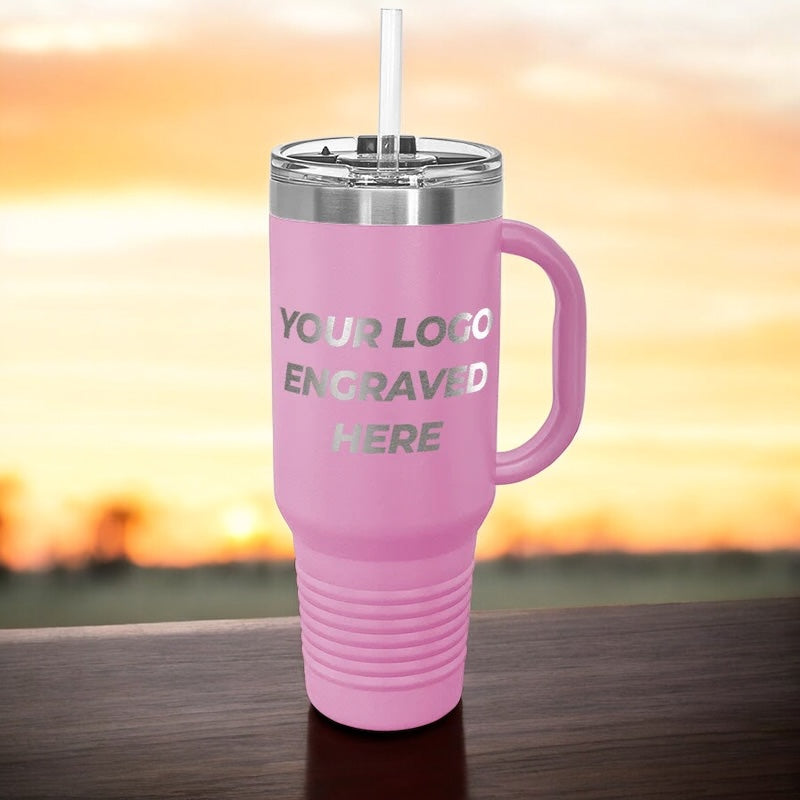 12 Custom 40 oz Stainless Steel Travel Tumbler with Built in Handle and Straw - Stainless Steel - Special Bulk Wholesale Pricing