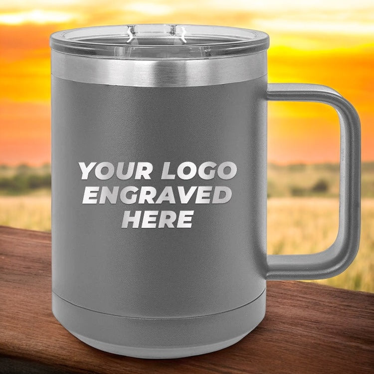 12 Custom Stainless Steel Coffee Mugs 15 oz with your Logo or Design Engraved - Special Bulk Wholesale Pricing