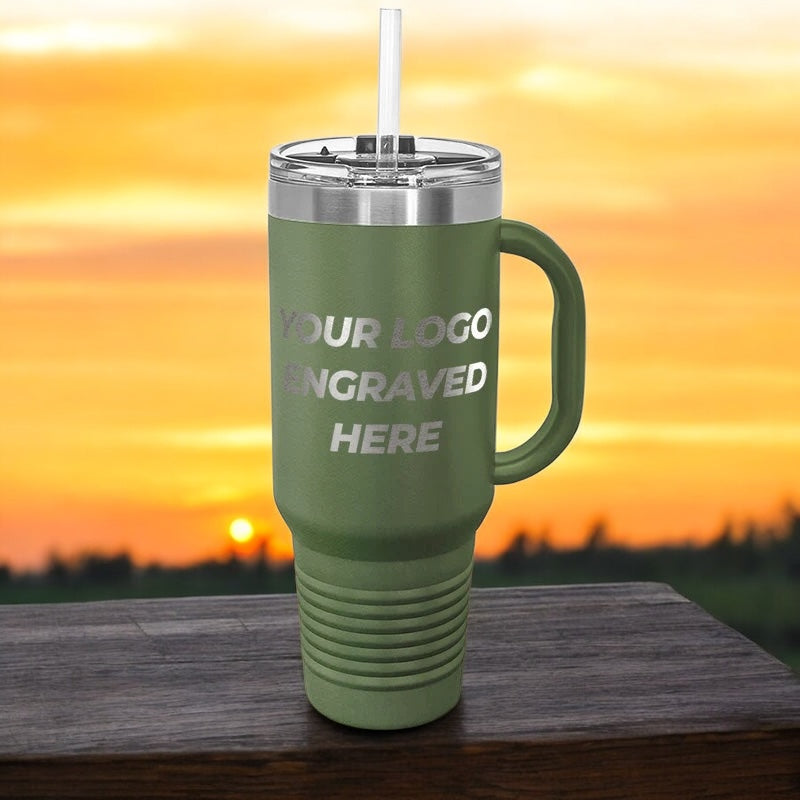 12 Custom 40 oz Stainless Steel Travel Tumbler with Built in Handle and Straw - Stainless Steel - Special Bulk Wholesale Pricing