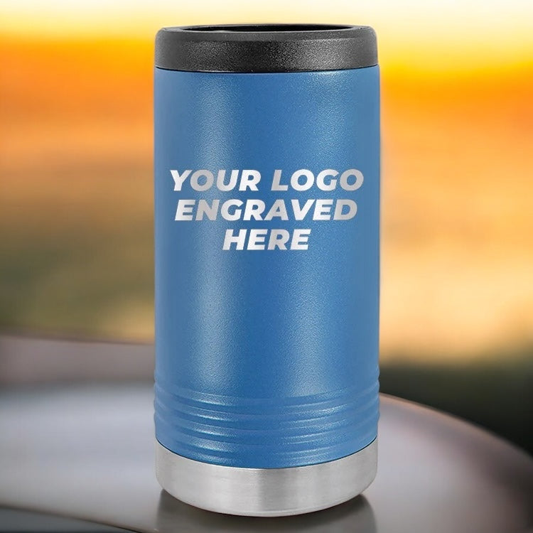 24 Custom Stainless Steel Slim Seltzer Can Holder with your Logo or Design Engraved - Special Bulk Wholesale Pricing