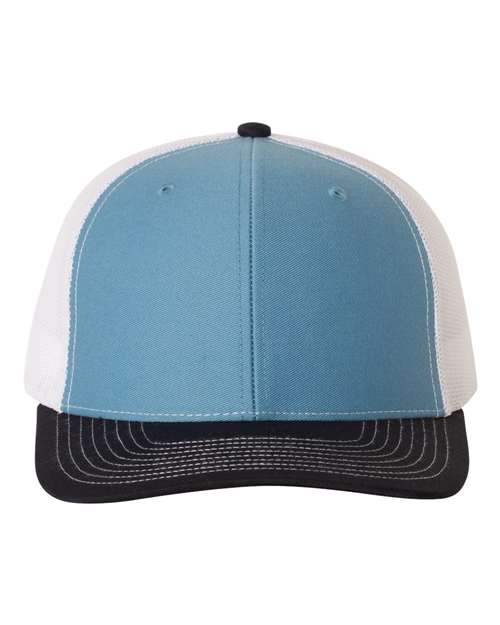dark and light blue and white hat