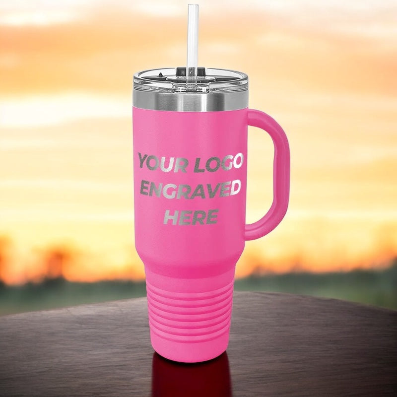 36 Custom 40 oz Stainless Steel Travel Tumbler with Built in Handle and Straw - Stainless Steel - Special Bulk Wholesale Pricing