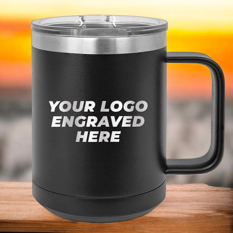 12 Custom Stainless Steel Coffee Mugs 15 oz with your Logo or Design Engraved - Special Bulk Wholesale Pricing