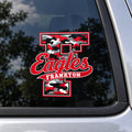 Frankton Eagles camo script F vehicle decal in red and gray camo on a car window.
