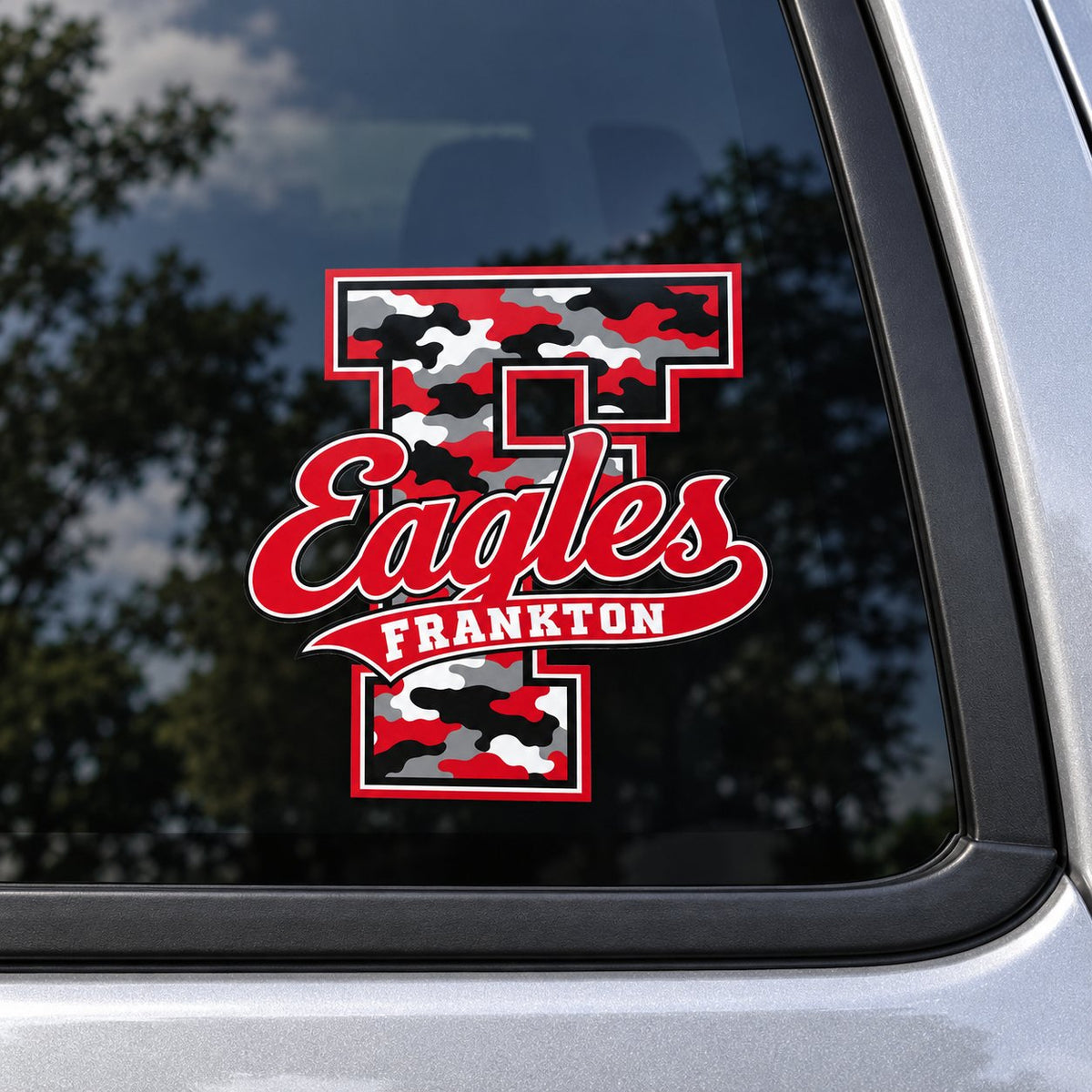 Frankton Eagles camo script F vehicle decal in red and gray camo on a car window.