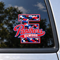 Elwood Panthers camo script E vehicle decal on a car window.