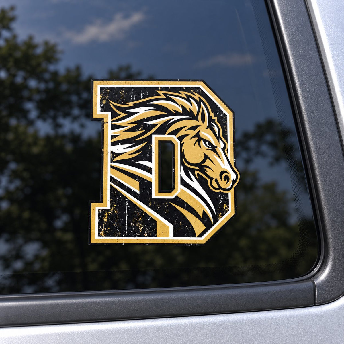 Daleville Broncos mascot D vehicle decal on a car window.