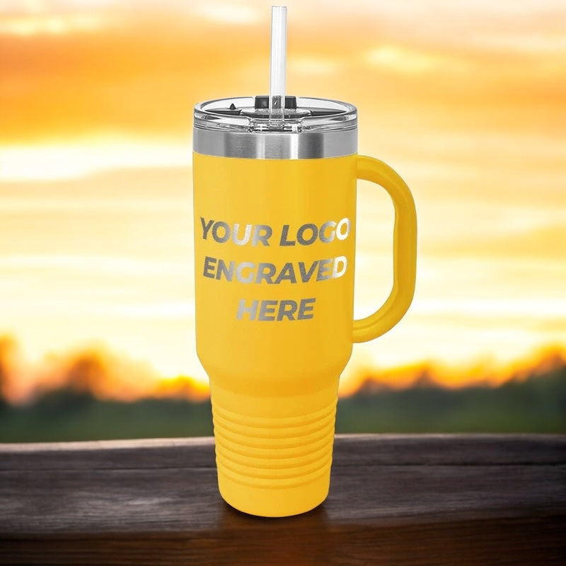 48 Custom 40 oz Stainless Steel Travel Tumbler with Built in Handle and Straw - Stainless Steel - Special Bulk Wholesale Pricing