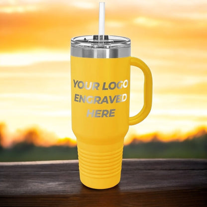 12 Custom 40 oz Stainless Steel Travel Tumbler with Built in Handle and Straw - Stainless Steel - Special Bulk Wholesale Pricing