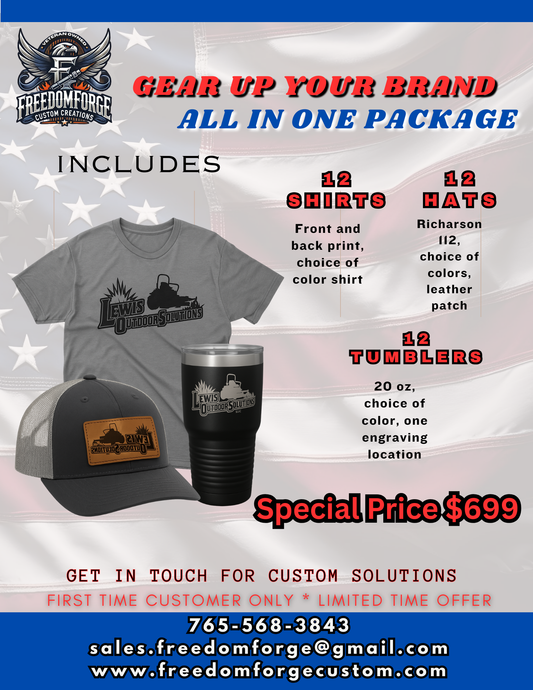 All-In-One Custom Package – 12 Shirts, 12 Hats, 12 Tumblers