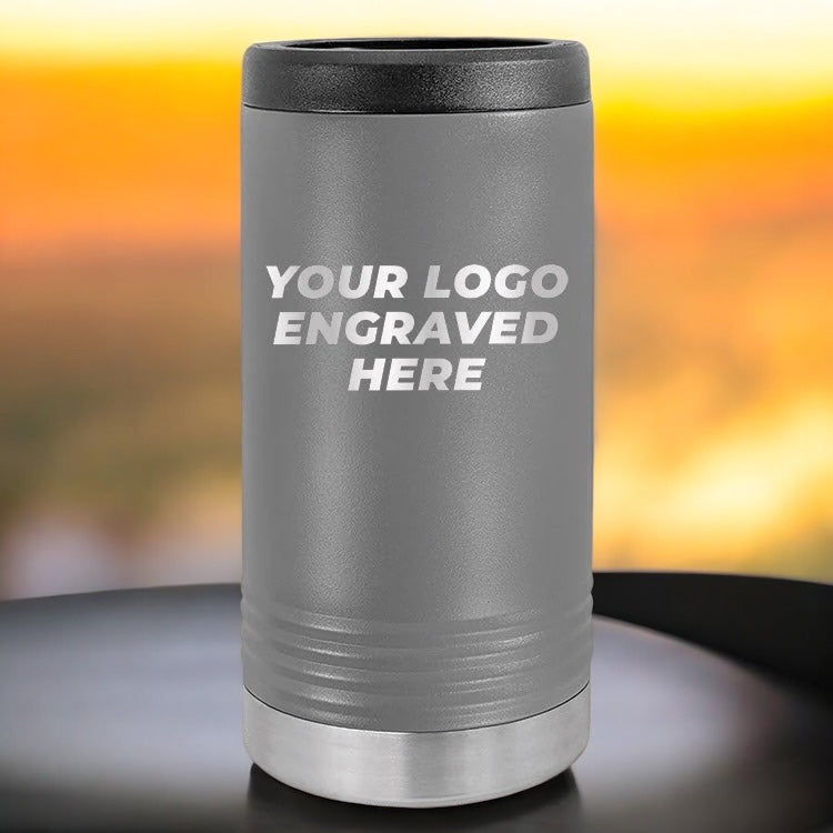 24 Custom Stainless Steel Slim Seltzer Can Holder with your Logo or Design Engraved - Special Bulk Wholesale Pricing