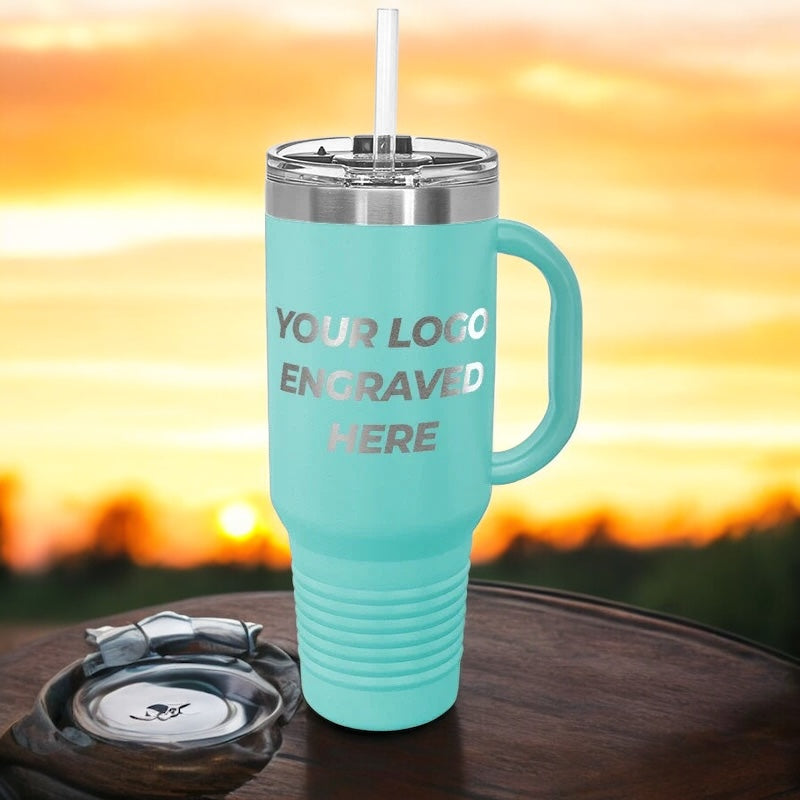 12 Custom 40 oz Stainless Steel Travel Tumbler with Built in Handle and Straw - Stainless Steel - Special Bulk Wholesale Pricing