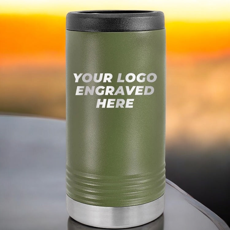 24 Custom Stainless Steel Slim Seltzer Can Holder with your Logo or Design Engraved - Special Bulk Wholesale Pricing