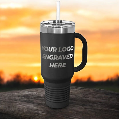 12 Custom 40 oz Stainless Steel Travel Tumbler with Built in Handle and Straw - Stainless Steel - Special Bulk Wholesale Pricing