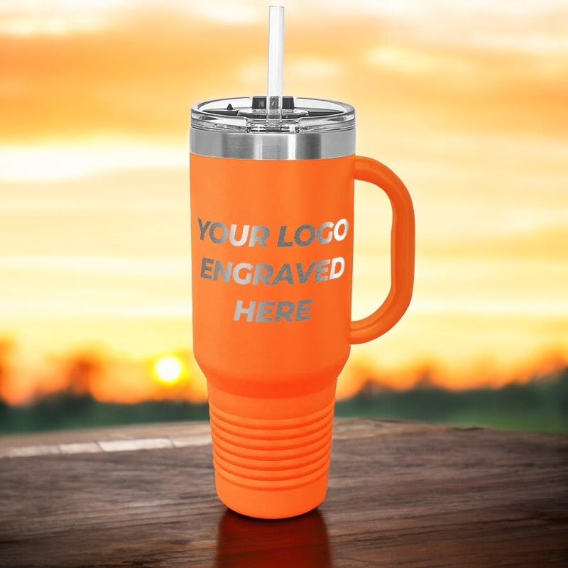 48 Custom 40 oz Stainless Steel Travel Tumbler with Built in Handle and Straw - Stainless Steel - Special Bulk Wholesale Pricing