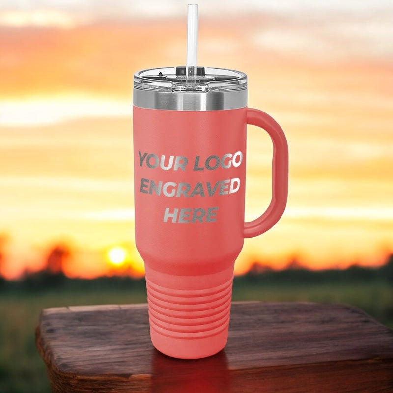 12 Custom 40 oz Stainless Steel Travel Tumbler with Built in Handle and Straw - Stainless Steel - Special Bulk Wholesale Pricing