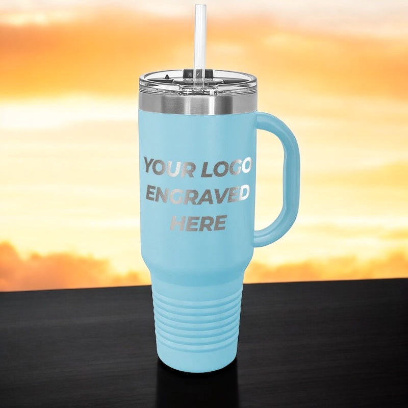 12 Custom 40 oz Stainless Steel Travel Tumbler with Built in Handle and Straw - Stainless Steel - Special Bulk Wholesale Pricing