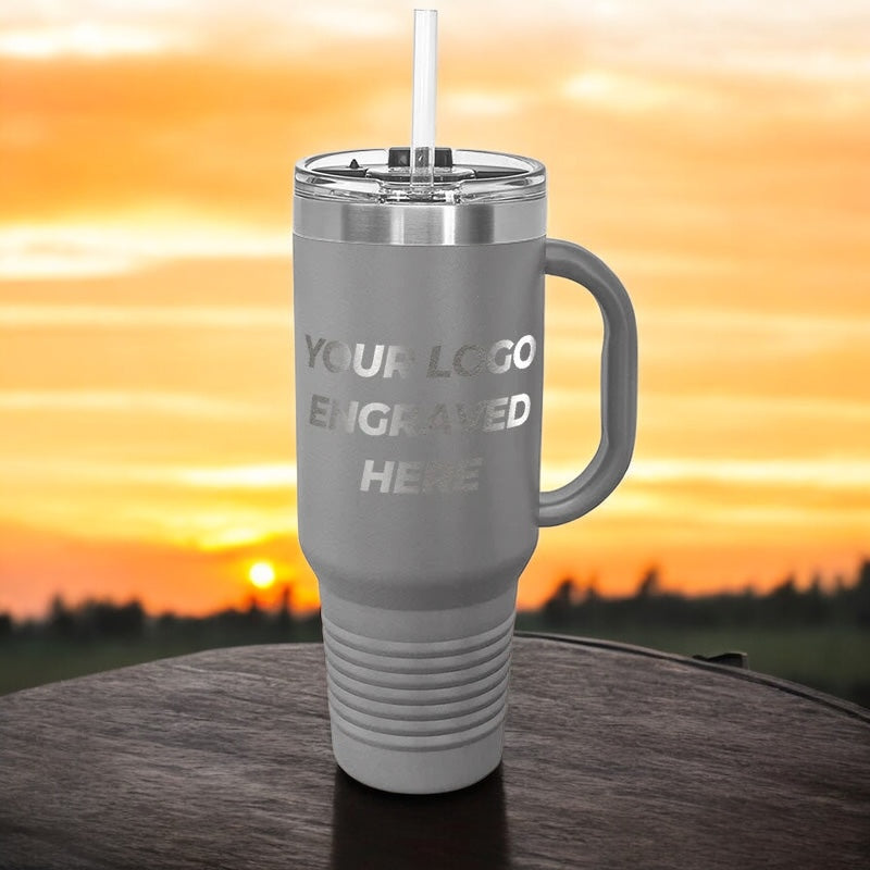 24 Custom 40 oz Stainless Steel Travel Tumbler with Built in Handle and Straw - Stainless Steel - Special Bulk Wholesale Pricing