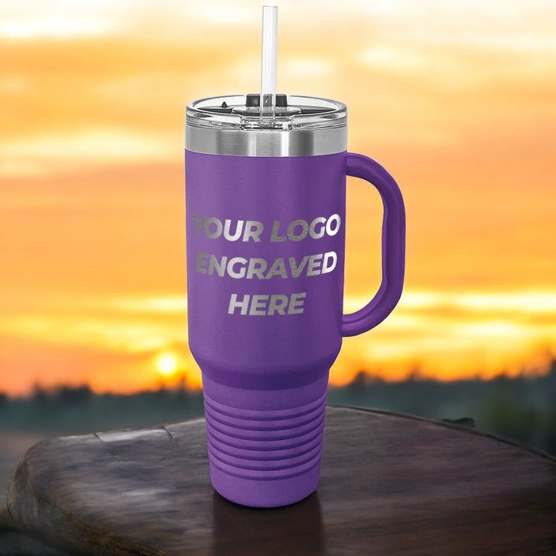 24 Custom 40 oz Stainless Steel Travel Tumbler with Built in Handle and Straw - Stainless Steel - Special Bulk Wholesale Pricing