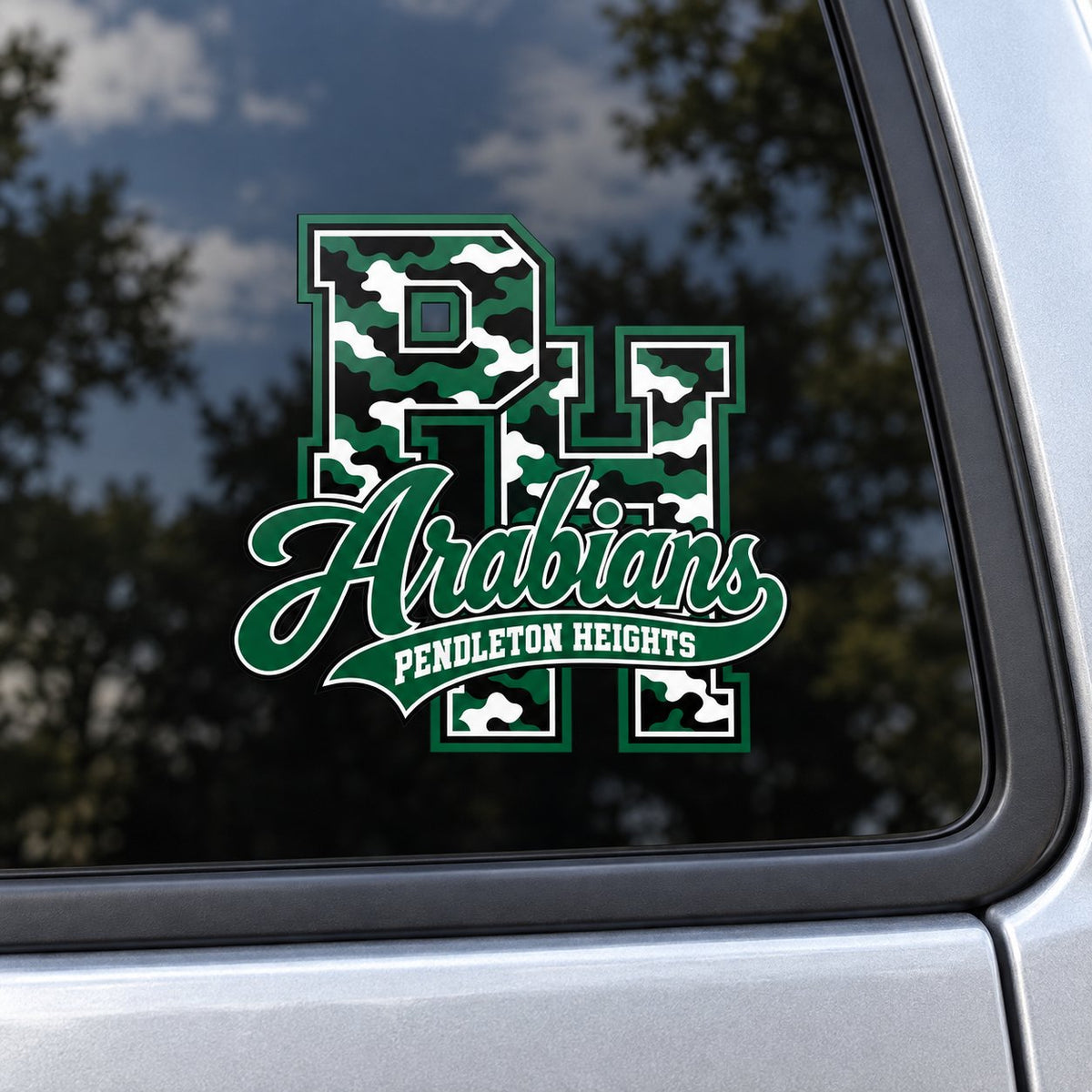 Pendleton Heights Arabians camo script PH vehicle decal on a car window.