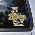 Lapel Bulldogs camo script L vehicle decal on a car window.