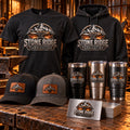Brand Boost Merch Package with sample Stone Ridge Fabrication branding: custom t-shirt and hoodie, two leather patch hats, three engraved 20 oz tumblers, and engraved metal business cards