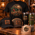 Business Merch Package with sample Copper Trail Coffee Co. branding: custom t-shirt, two leather patch hats, two engraved 20 oz tumblers, and engraved metal business cards