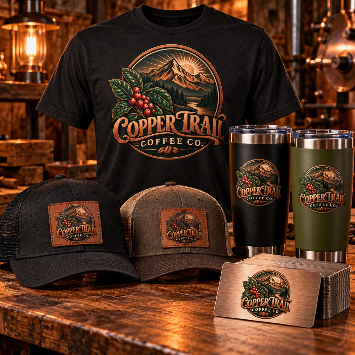 Business Merch Package with sample Copper Trail Coffee Co. branding: custom t-shirt, two leather patch hats, two engraved 20 oz tumblers, and engraved metal business cards