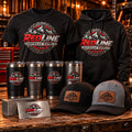 Full Brand Merch Package with sample RedLine Offroad Supply branding: custom t-shirt and hoodie, two leather patch hats, four engraved 20 oz tumblers, and engraved metal business cards