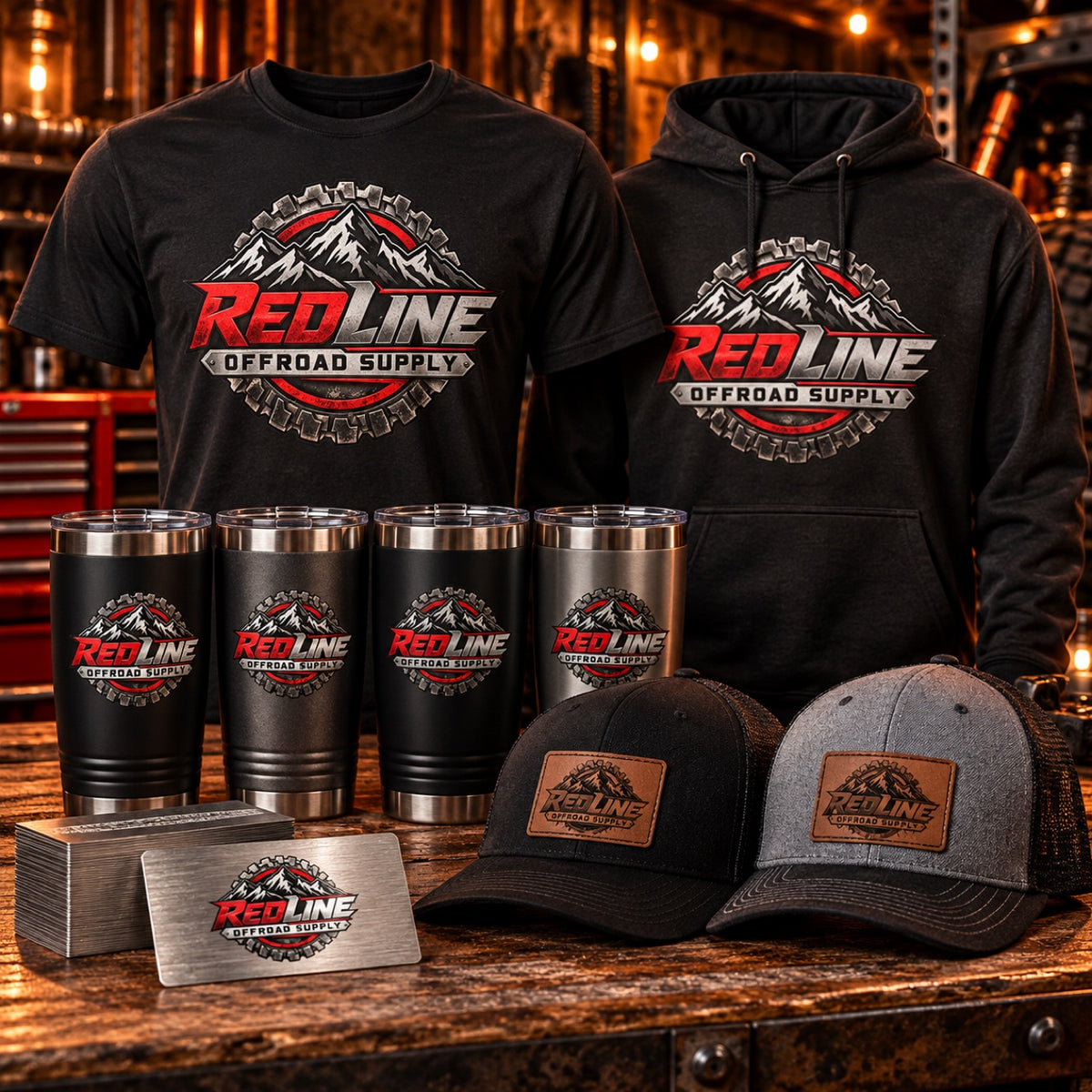 Full Brand Merch Package with sample RedLine Offroad Supply branding: custom t-shirt and hoodie, two leather patch hats, four engraved 20 oz tumblers, and engraved metal business cards