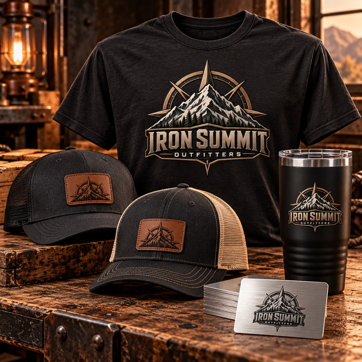 Starter Merch Package with sample Iron Summit Outfitters branding: custom t-shirt, two leather patch hats, engraved 20 oz tumbler, and engraved metal business cards